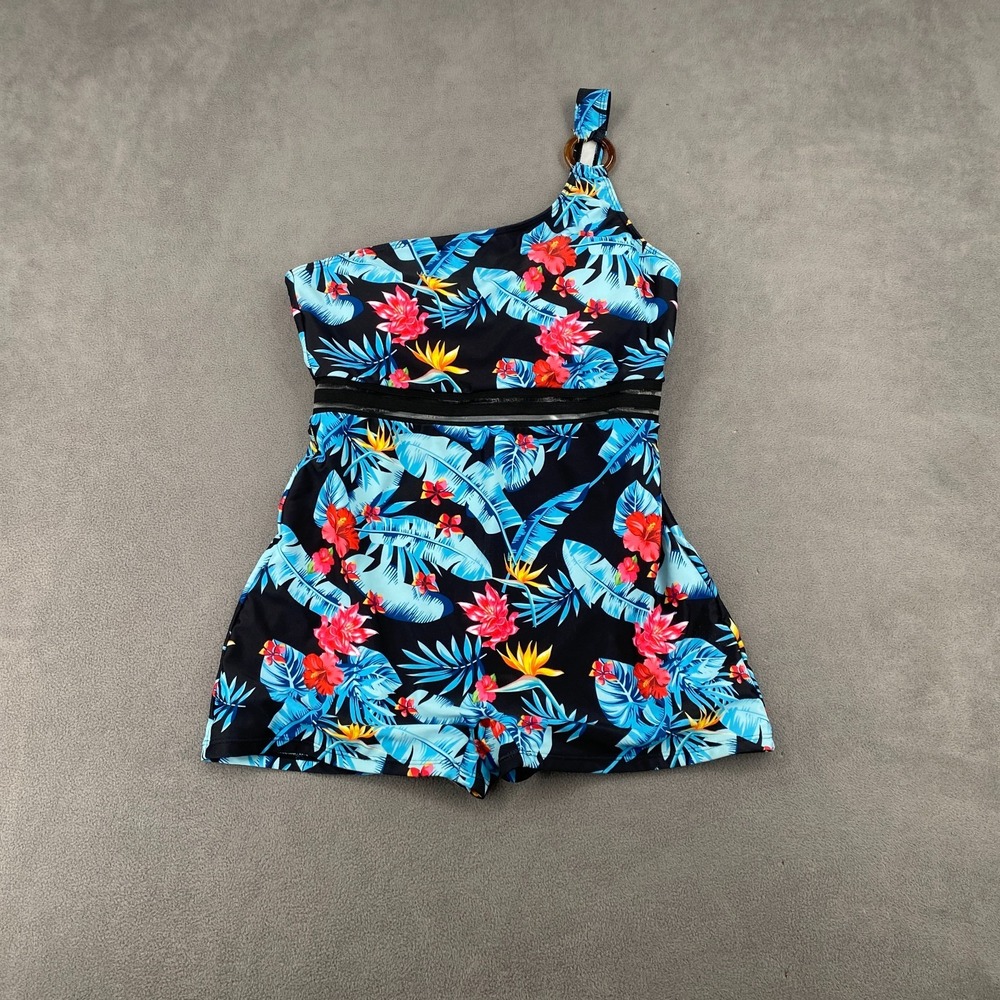 Women Swimsuit Black Blue Tropical Print Outdoor Beach One Shoulder Empire Waist